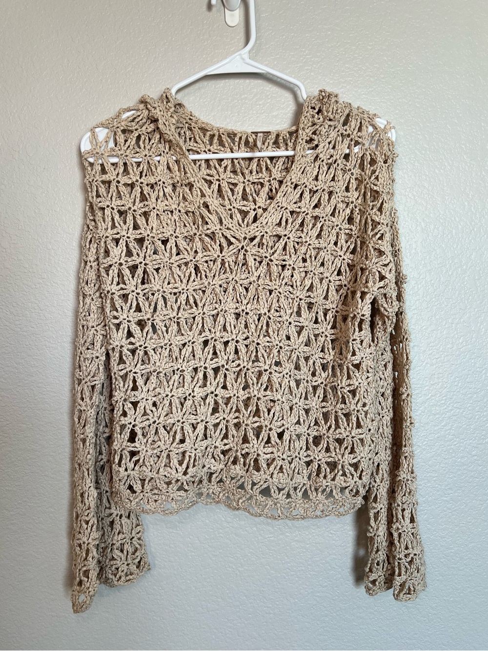 Free People Crochet Sweater Womens Medium Beige Boho Open Knit Bell Sleeve NWOT